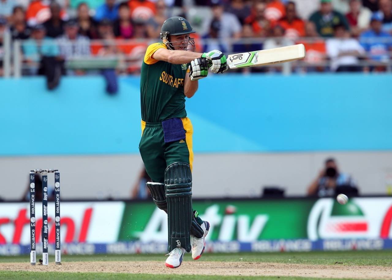 AB de Villiers clobbers the ball into the leg side, New Zealand v South Africa, World Cup 2015, 1st Semi-Final, Auckland, March 24, 2015