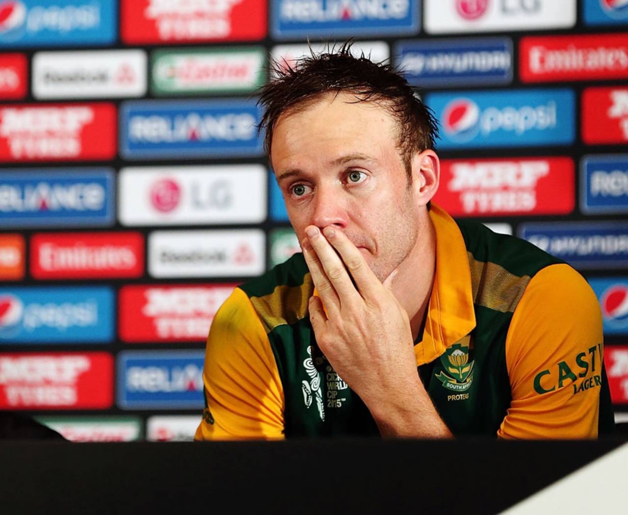 AB de Villiers wears a despondent look during the press conference, New Zealand v South Africa, World Cup 2015, 1st semi-final, Auckland, March 24, 2015
