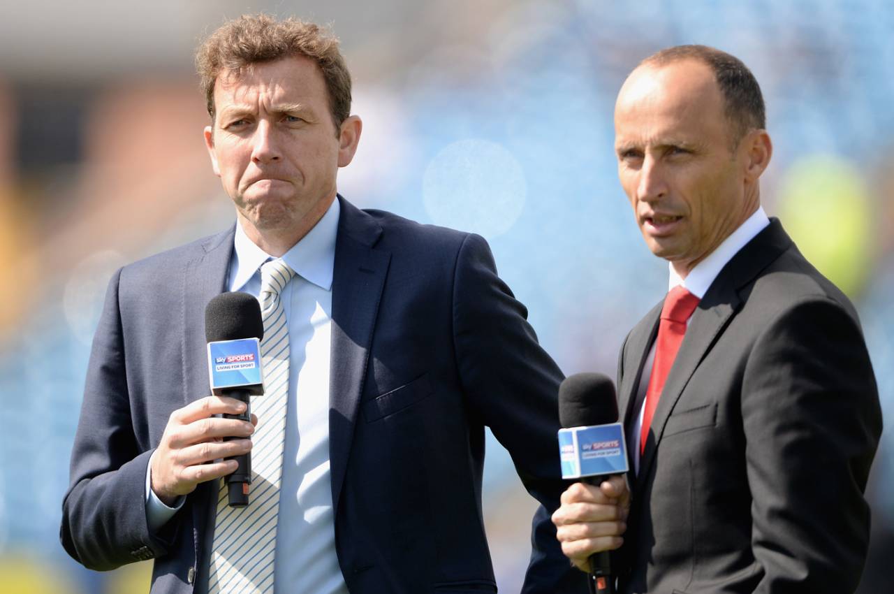 Michael Atherton and Nasser Hussain of Sky Sports ahead of the day's play, England v New Zealand, 2nd Test, day four, Headingley, May 27, 2013