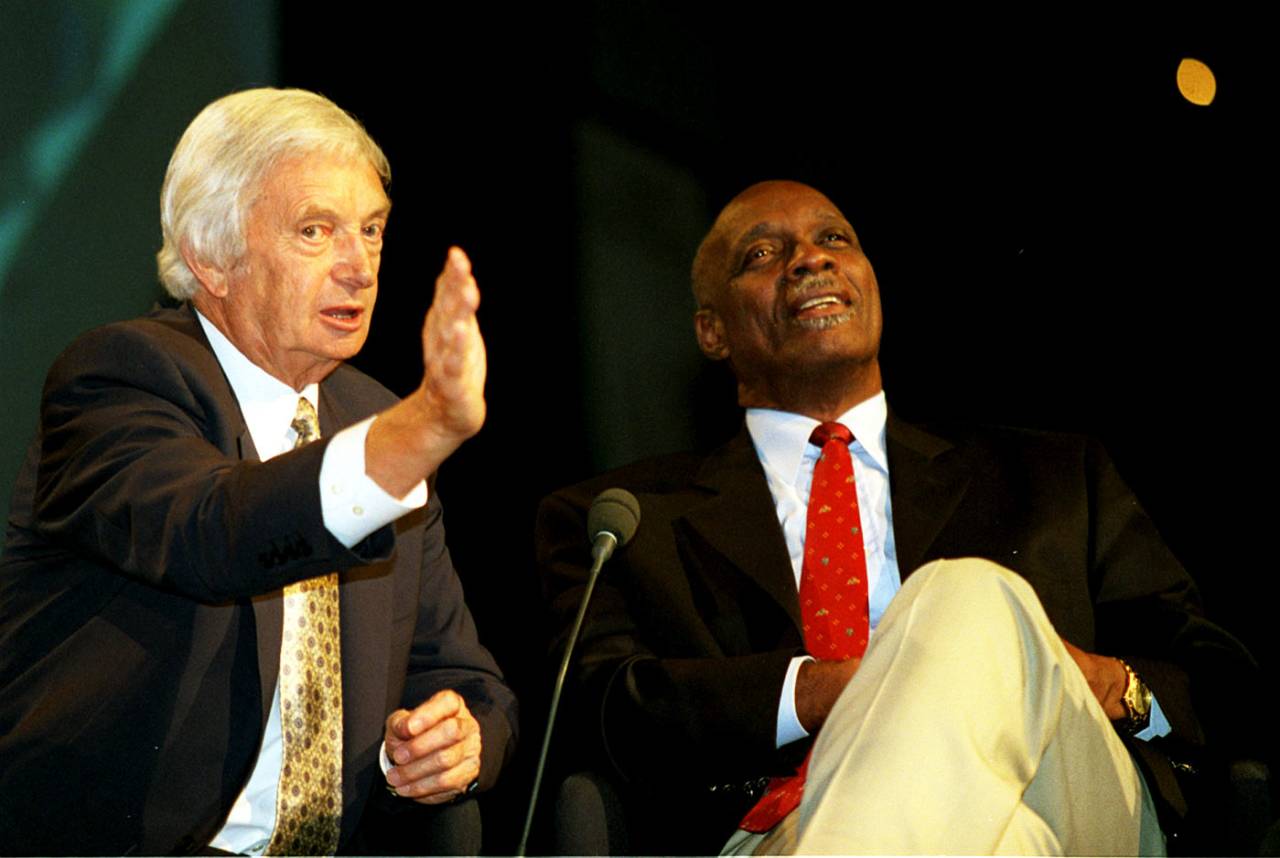 Richie Benaud and Wes Hall at a Tied Test reunion in Brisbane, November 21, 2000