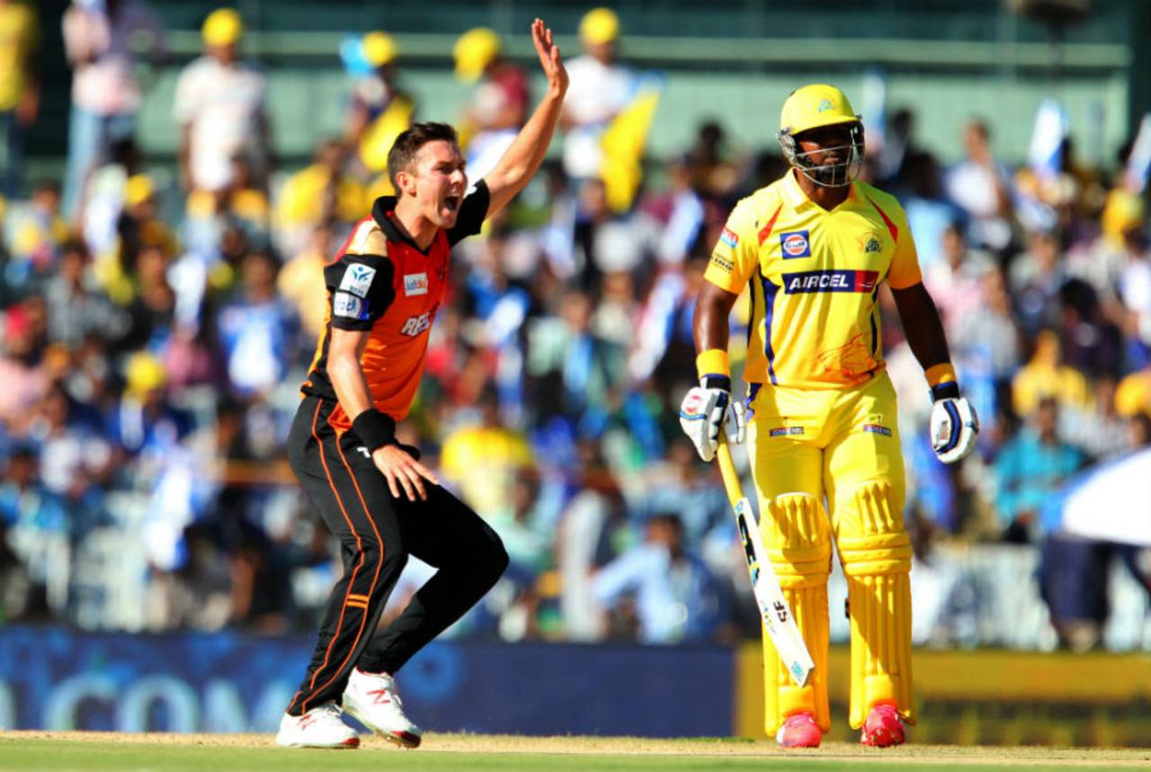 Trent Boult appeals for the wicket of Brendon McCullum, Chennai Super Kings v Sunrisers Hyderabad, IPL 2015, Chennai, April 11, 2015