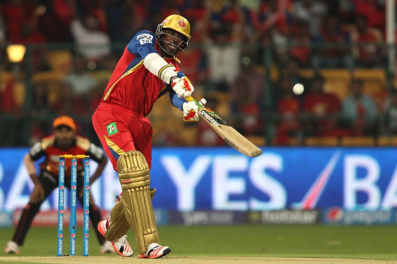 Up, up and away: Chris Gayle takes the aerial route, Royal Challengers Bangalore v Sunrisers Hyderabad, IPL 2015, Bangalore, April 13, 2015