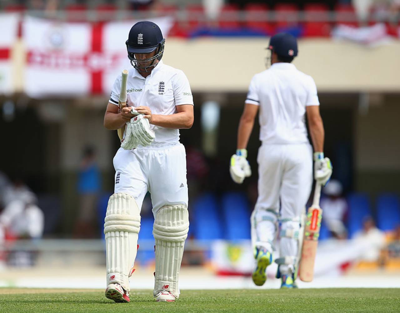 Jonathan Trott lasted three balls in his first innings back for England, West Indies v England, 1st Test, North Sound, April 13, 2015