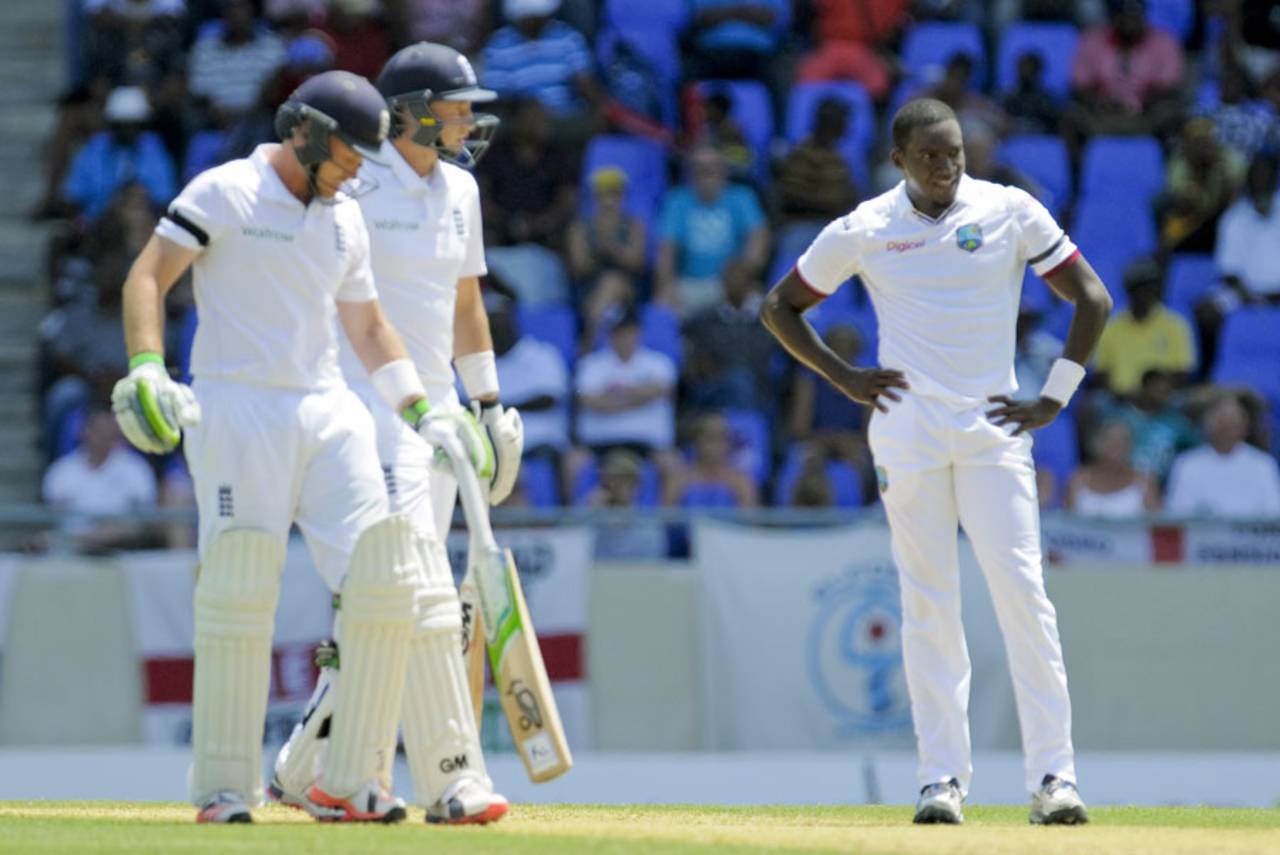 After fine opening spells, West Indies' seamers, include Jerome Taylor, were punished as the day wore on&nbsp;&nbsp;&bull;&nbsp;&nbsp;WICB Media/Randy Brooks of Brooks LaTouche Photogr