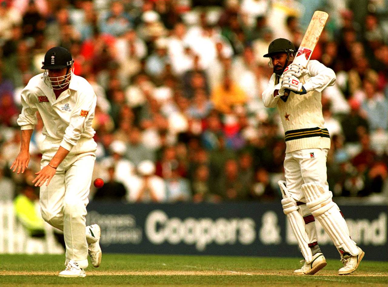 Nick Knight tries to get out of the way of a Saleem Malik shot, England v Pakistan, 3rd Test, The Oval, 4th day, August 25, 1996