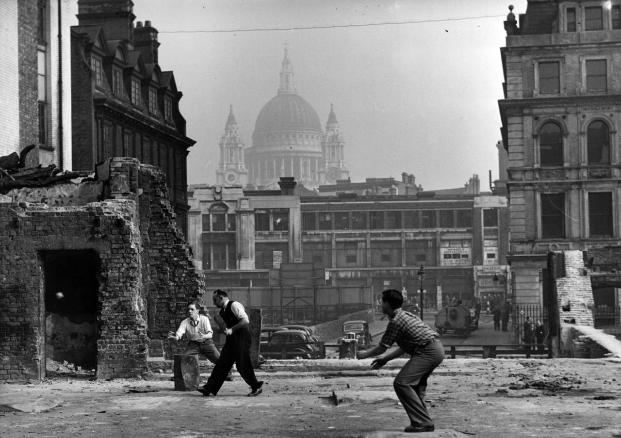 A game in progress on a blitzed site in Blackfriars, London, with St Paul's Cathedral in the background, October 17, 1945