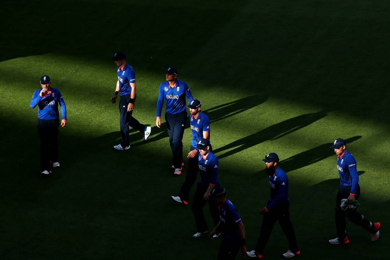 England walk off amid the shadows, Bangladesh v England, World Cup 2015, Group A, Adelaide, March 9, 2015