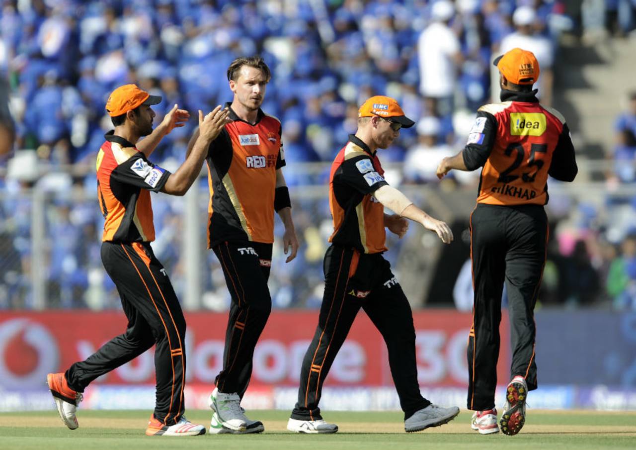 Dale Steyn celebrates the wicket of Parthiv Patel, Mumbai Indians v Sunrisers Hyderabad, IPL 2015, Mumbai, April 25, 2015
