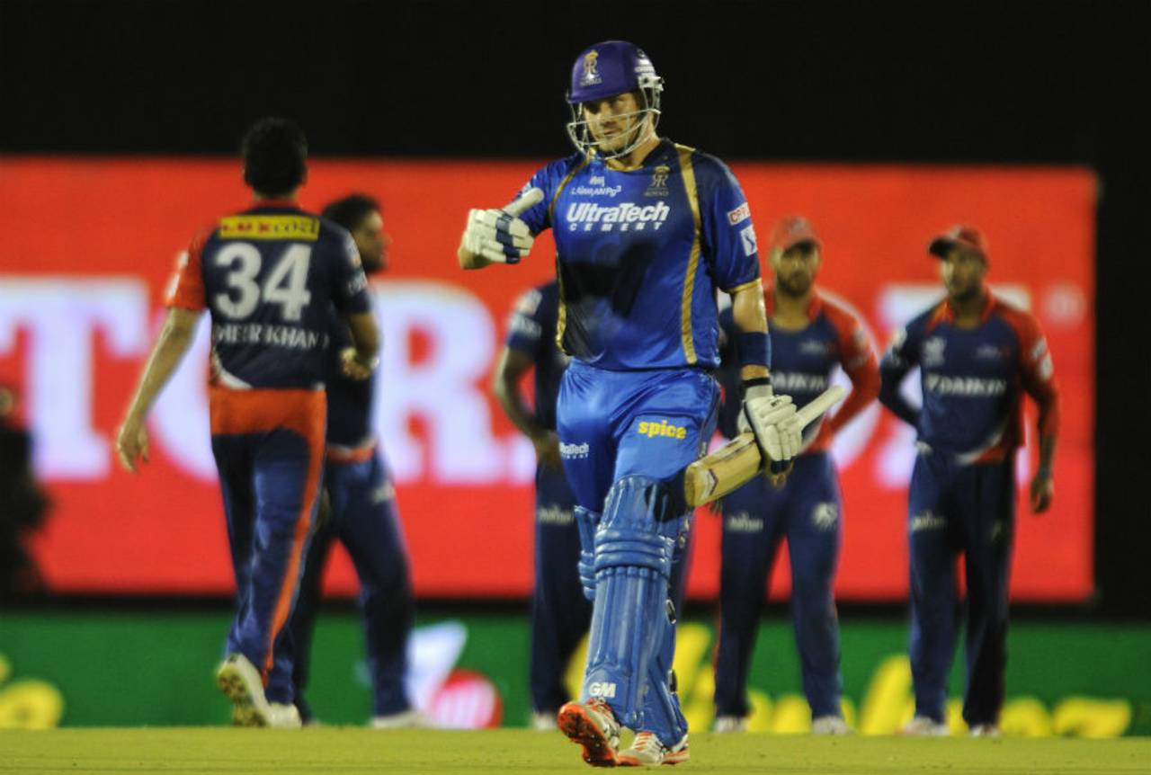 Shane Watson and Ajinkya Rahane gave Rajasthan Royals a strong start putting on 52, which ended when Angelo Mathews dismissed Watson for 21 in the seventh over&nbsp;&nbsp;&bull;&nbsp;&nbsp;BCCI
