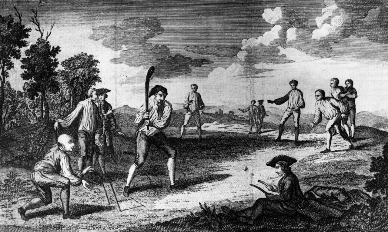 A game of cricket being played on the Artillery Ground, London, circa 1743