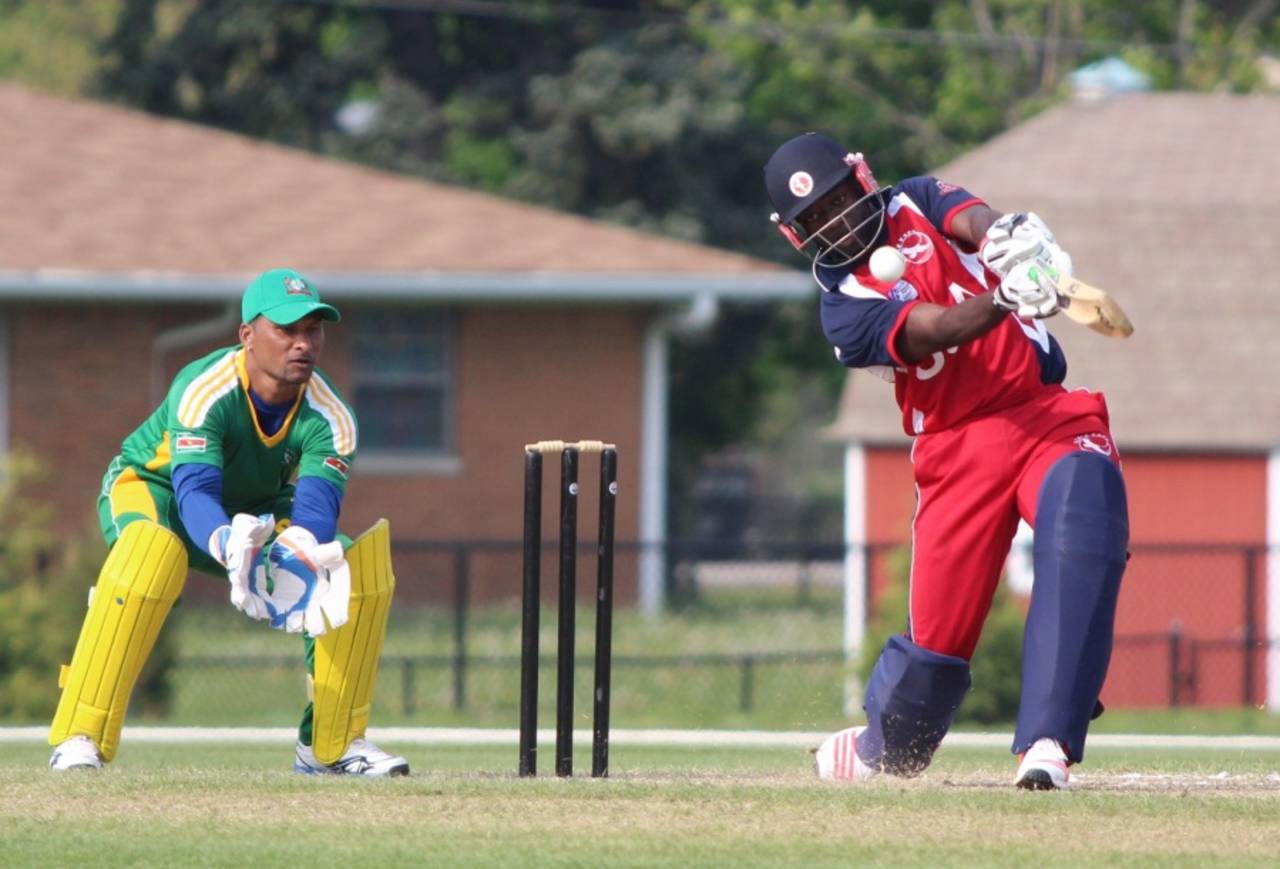 Nicholas Standford drives over cover for one of his seven fours, USA v Suriname, ICC Americas Regional T20, Indianapolis, May 4, 2015