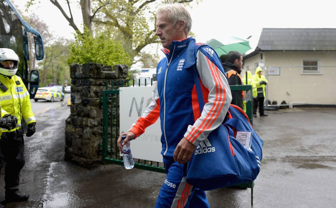 Peter Moores heads for the team bus, Ireland v England, only ODI, Malahide, May 8, 2015