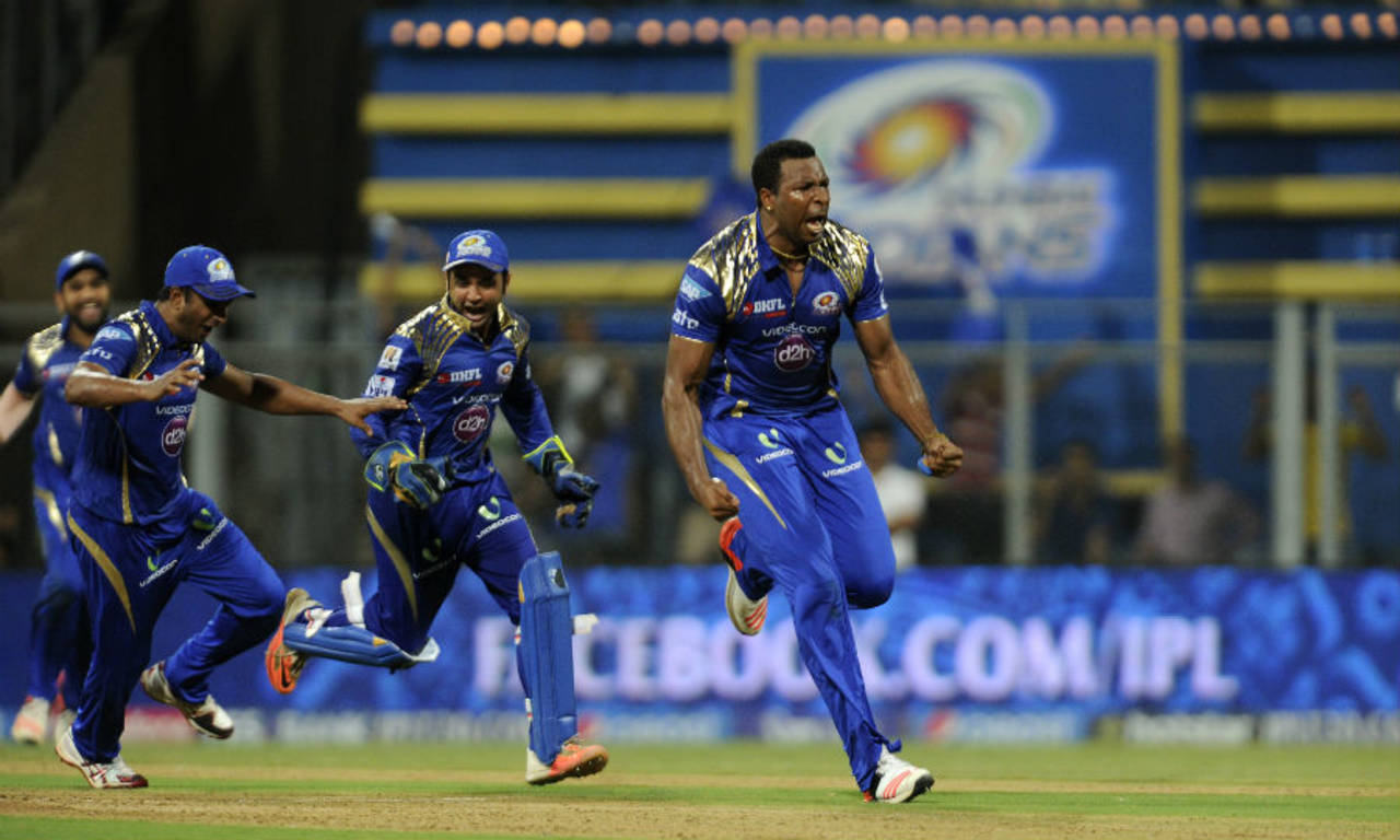 Kieron Pollard is ecstatic after the win, Mumbai Indians v Kolkata Knight Riders, IPL 2015, Mumbai, May 14, 2015