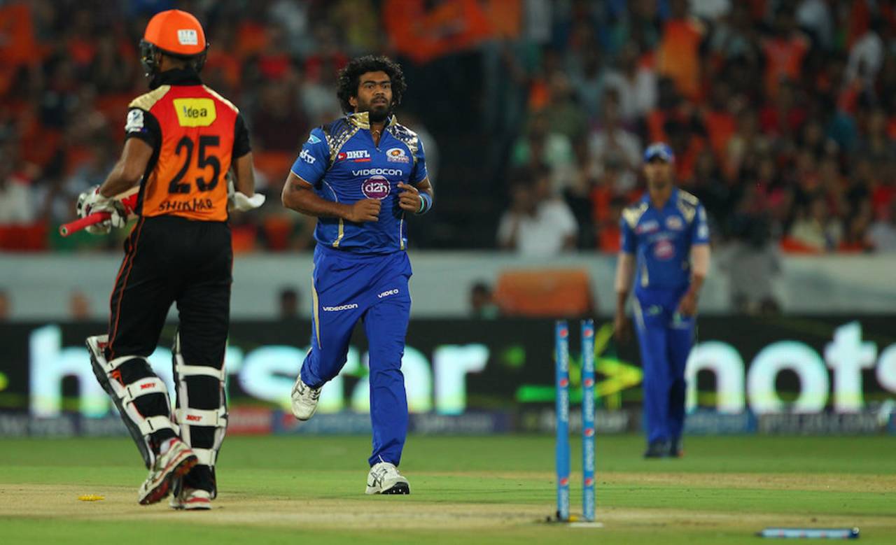 Lasith Malinga's yorker to end the first over knocked over Shikhar Dhawan, triggering a domino effect through the Sunrisers lineup&nbsp;&nbsp;&bull;&nbsp;&nbsp;BCCI