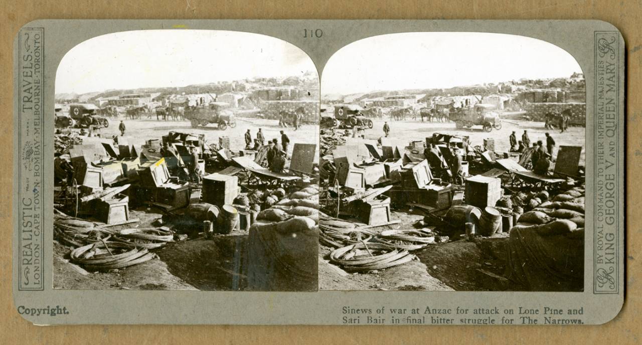 A stereoscopic image of ANZAC troops at a supply depot during preparations for the Battle of Lone Pine, Gallipoli, Turkey, August 1915