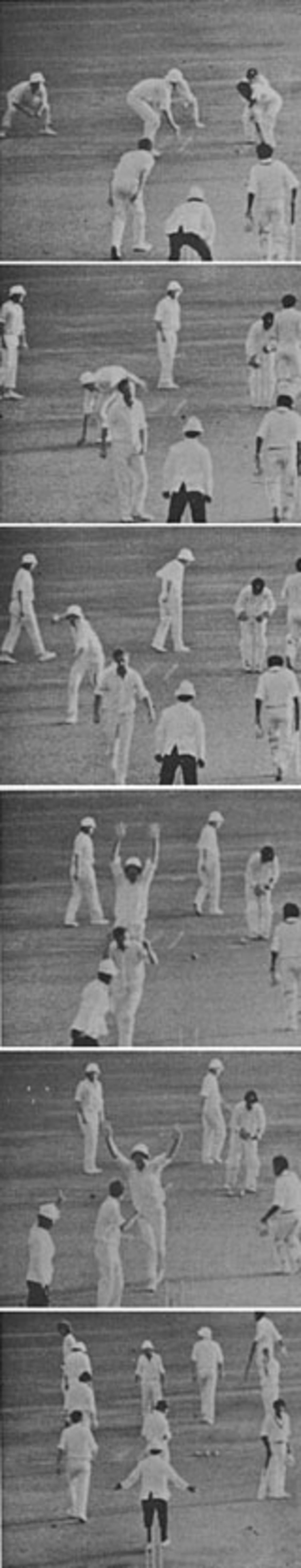 Derek Underwood bowls the last ball of the day to Bernard Julien who plays defensively to Tony Greig at silly point. As the players turn to walk off, Greig picks up the ball and throws down the stumps at the non-striker's end where Alvin Kallicharran is ambling off. He hits ths stumps, appeals, and umpire Sang Hue gives Kallicharran run-out&nbsp;&nbsp;&bull;&nbsp;&nbsp;The Cricketer International