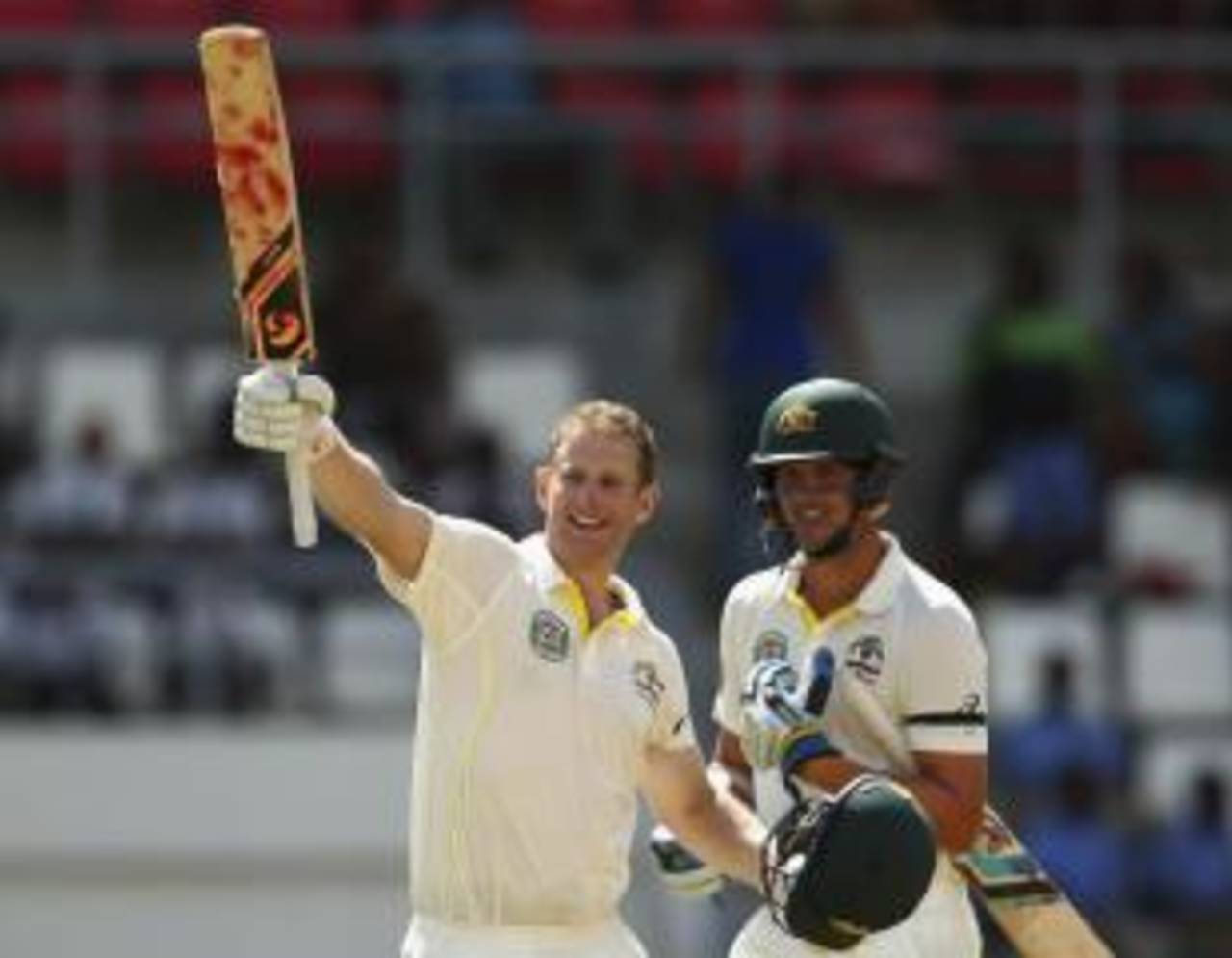 Adam Voges celebrates with Josh Hazlewood, West Indies v Australia, 1st Test, Roseau, 2nd day, June 4, 2015