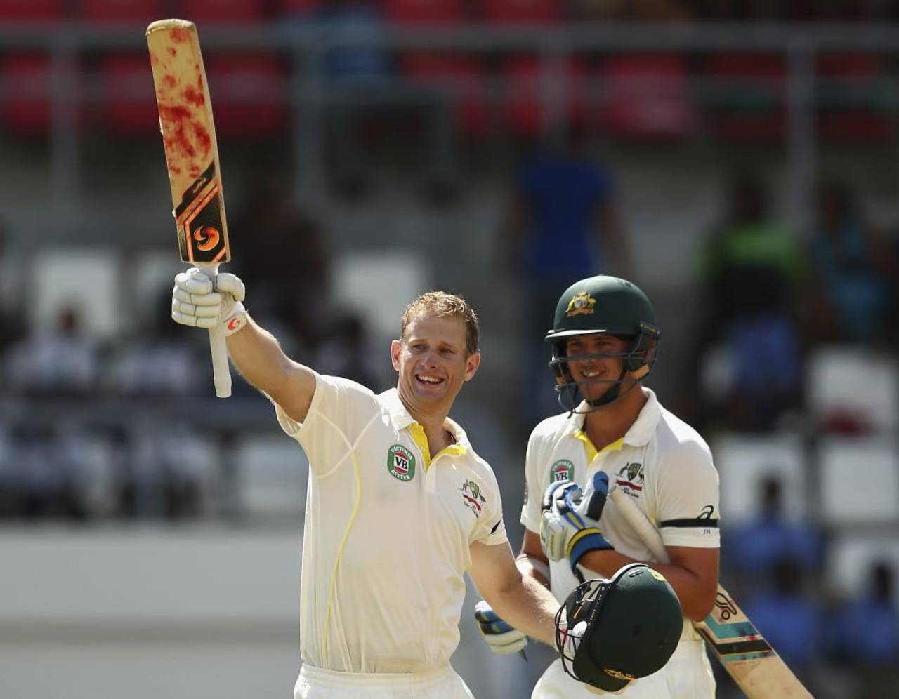 Adam Voges celebrates with Josh Hazlewood, West Indies v Australia, 1st Test, Roseau, 2nd day, June 4, 2015