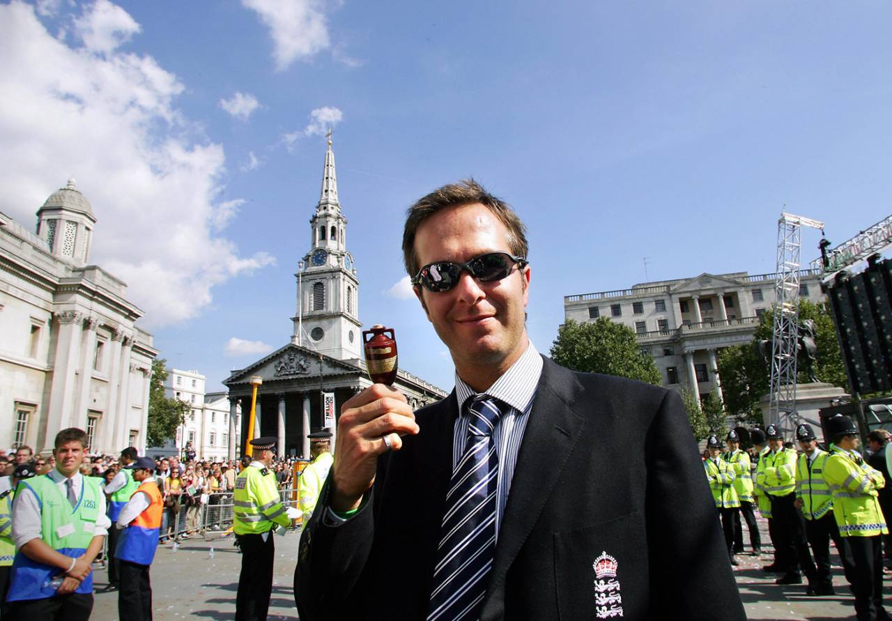 Michael Vaughan holds up a replica Ashes urn in Trafalgar Square, after the fifth Ashes Test, London, September 13, 2005