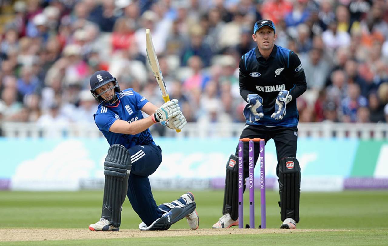 Joe Root goes over the leg side during his aggressive hundred, England v New Zealand, 1st ODI, Edgbaston, June 9, 2015