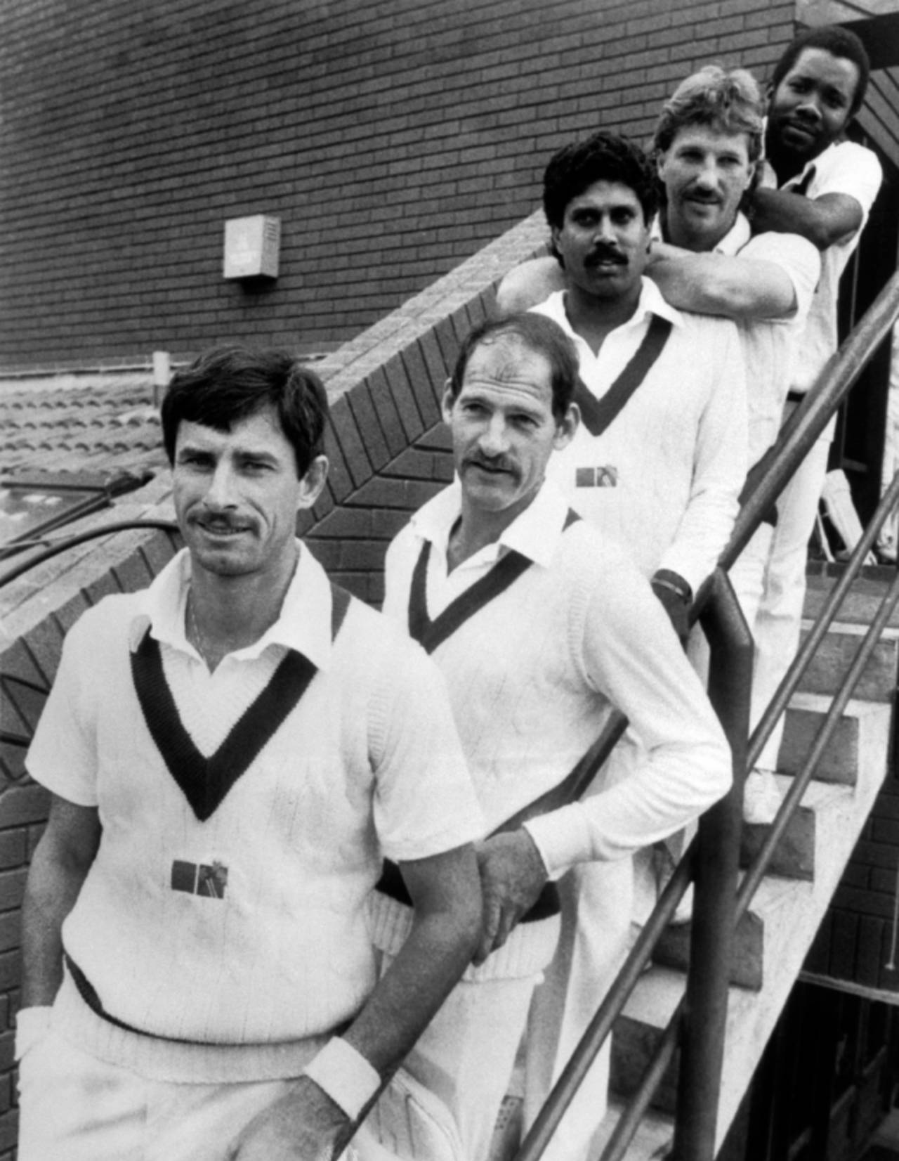 Richard Hadlee, Clive Rice, Kapil Dev, Ian Botham and Malcolm Marshall, at the Silk Cut Challenge allrounders tournament, Taunton, September 15, 1984