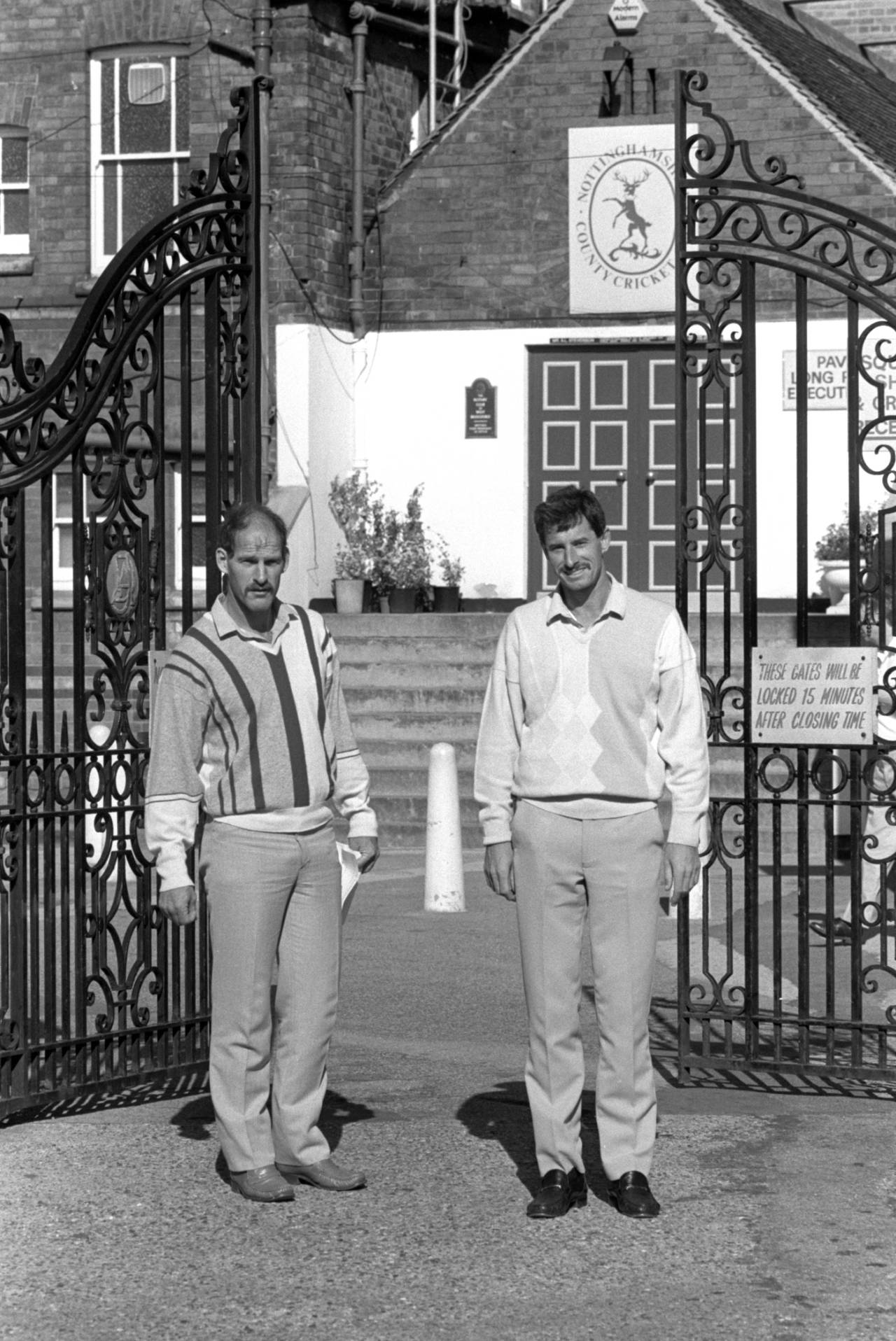 Richard Hadlee and Clive Rice stand at the gates of Trent Bridge, September 17, 1987