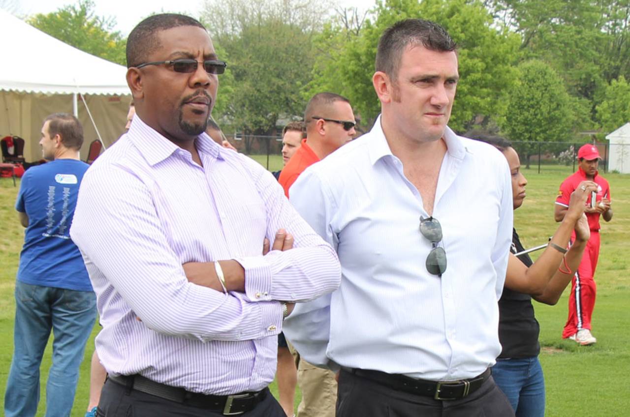 ICC global development manager Tim Anderson with WICB president Dave Cameron, Indianapolis, May 9, 2015