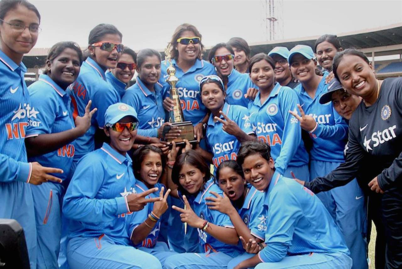 The Indian women's team poses with the trophy after their series win, India v New Zealand, 5th women's ODI, Bangalore, July 8, 2015