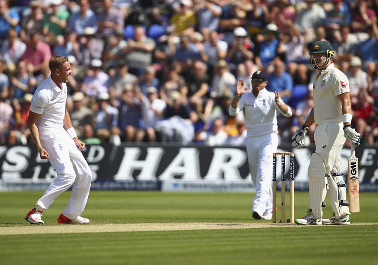 Stuart Broad removed Shane Watson in familiar fashion - lbw, England v Australia, 1st Investec Ashes Test, Cardiff, 3rd day, July 10, 2015