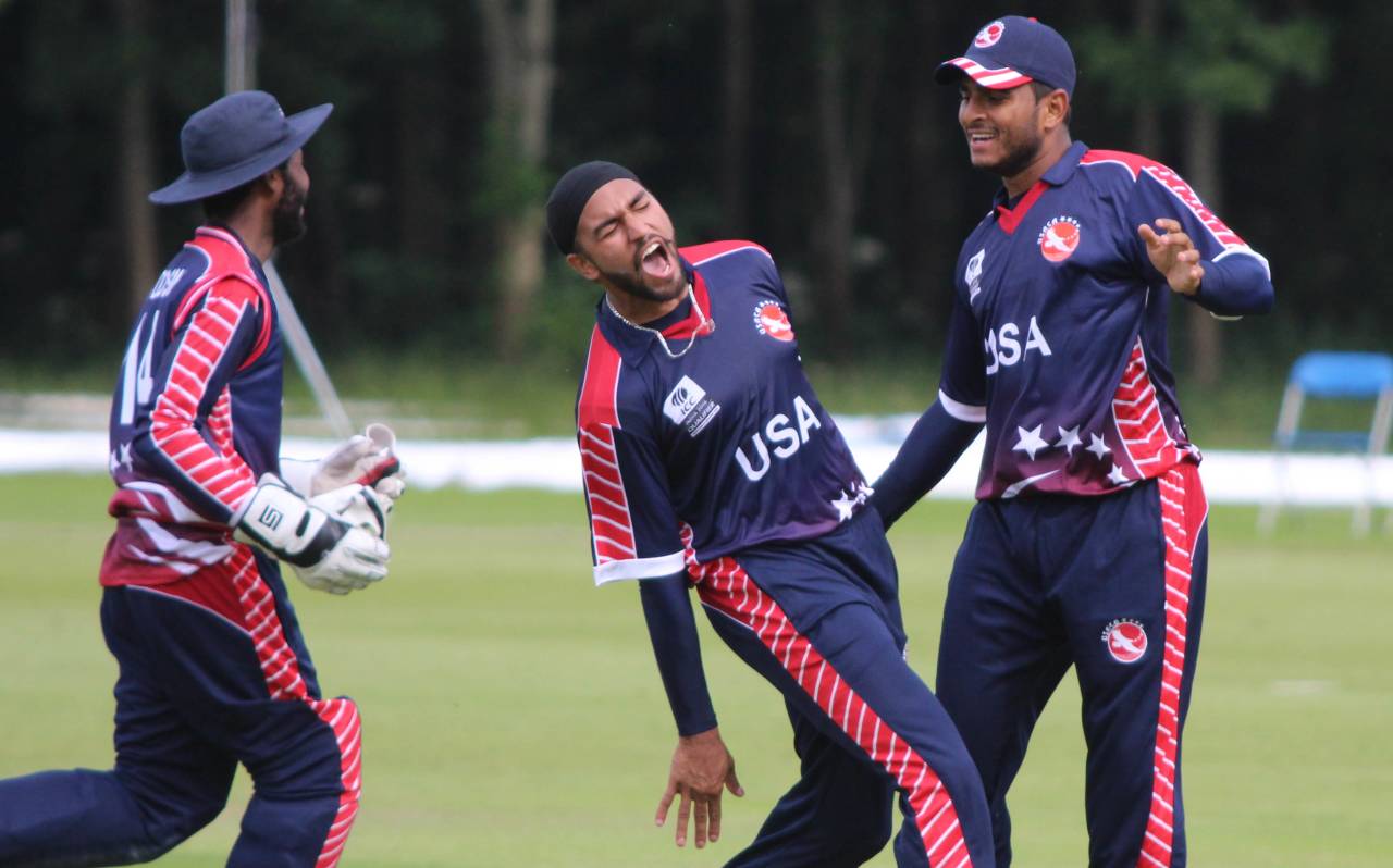 Jasdeep Singh celebrates the wicket of Gyanendra Malla, Nepal v USA, World Twenty20 Qualifier, Belfast, July 10, 2015