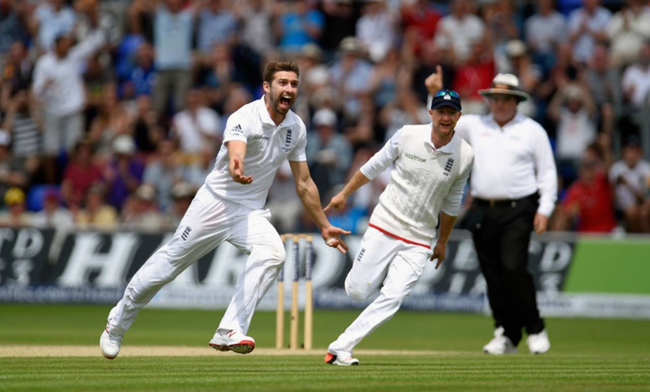 Mark Wood celebrates the dismissal of Adam Voges, England v Australia, 1st Investec Ashes Test, Cardiff, 4th day, July 11, 2015