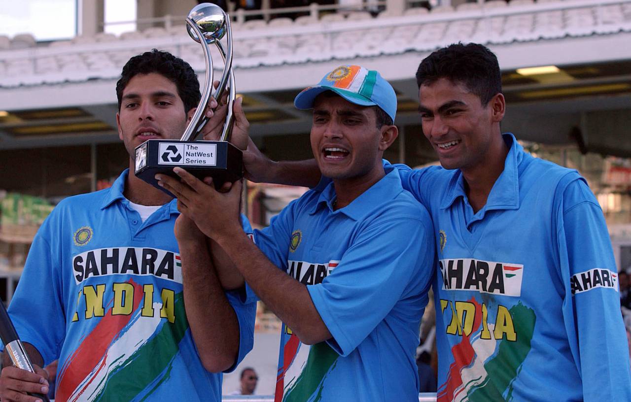 Sourav Ganguly holds the trophy with his two stars, Yuvraj Singh and Mohammad Kaif&nbsp;&nbsp;&bull;&nbsp;&nbsp;PA Photos