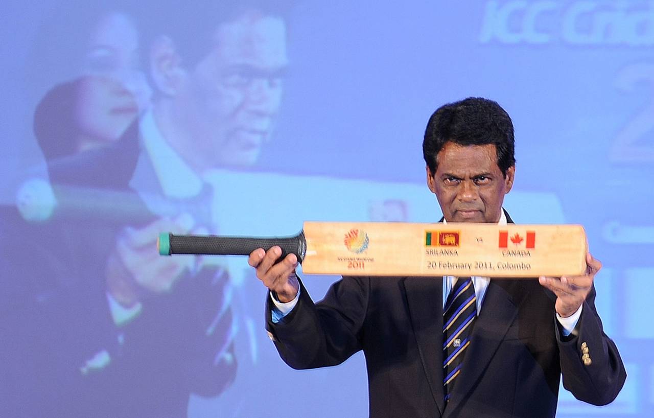 De Silva, chairman of Sri Lanka cricket at the time, unveils details of the first 2011 World Cup fixture to be played in Sri Lanka&nbsp;&nbsp;&bull;&nbsp;&nbsp;Getty Images