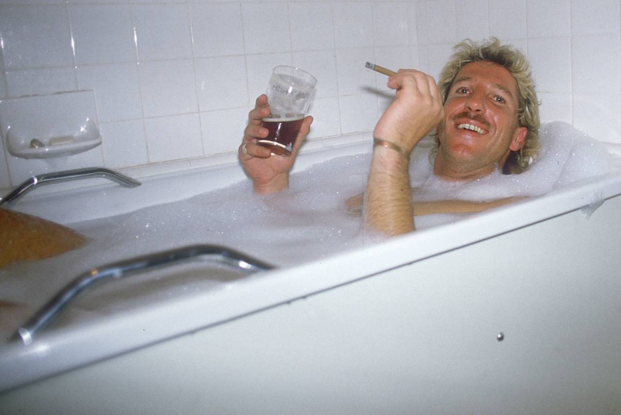 Ian Botham relaxes after completing his John O'Groats to Land's End walk for charity, England, 1985