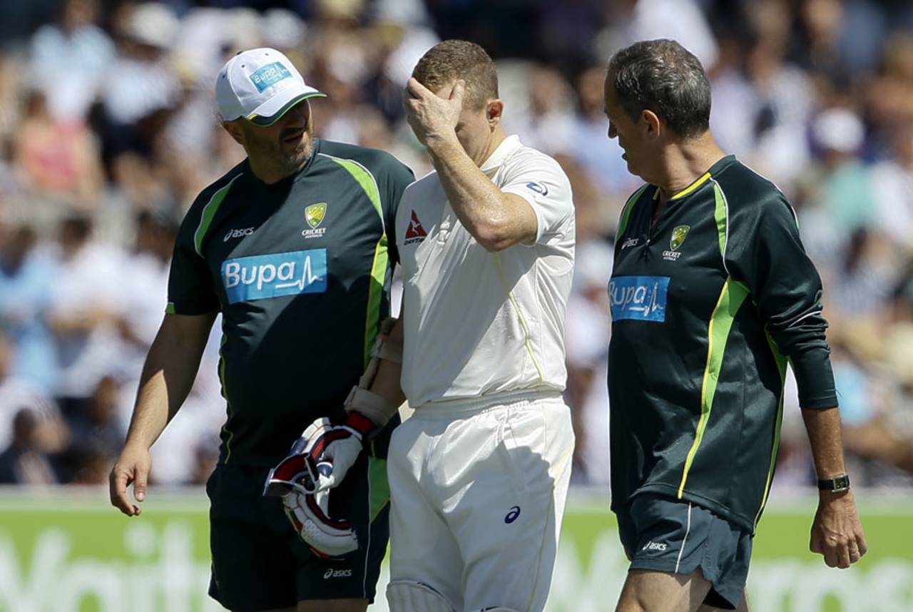 Chris Rogers is helped off after retiring hurt, England v Australia, 2nd Investec Ashes Test, Lord's, 4th day, July 19, 2015