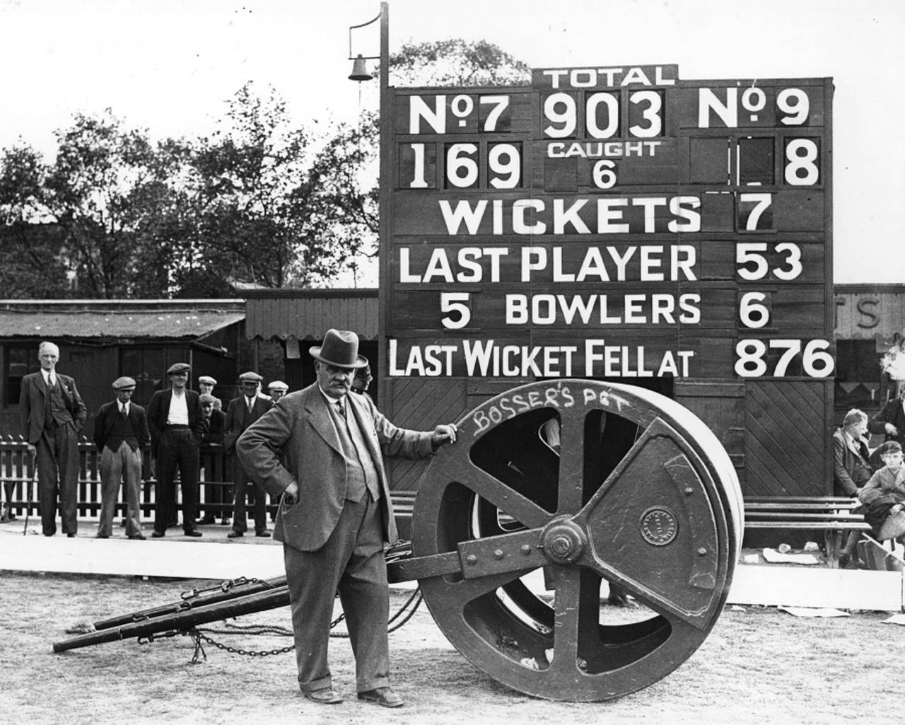 Oval groundsman Bosser Martin poses with his four-ton roller, England v Australia, The Oval, August 24, 1938