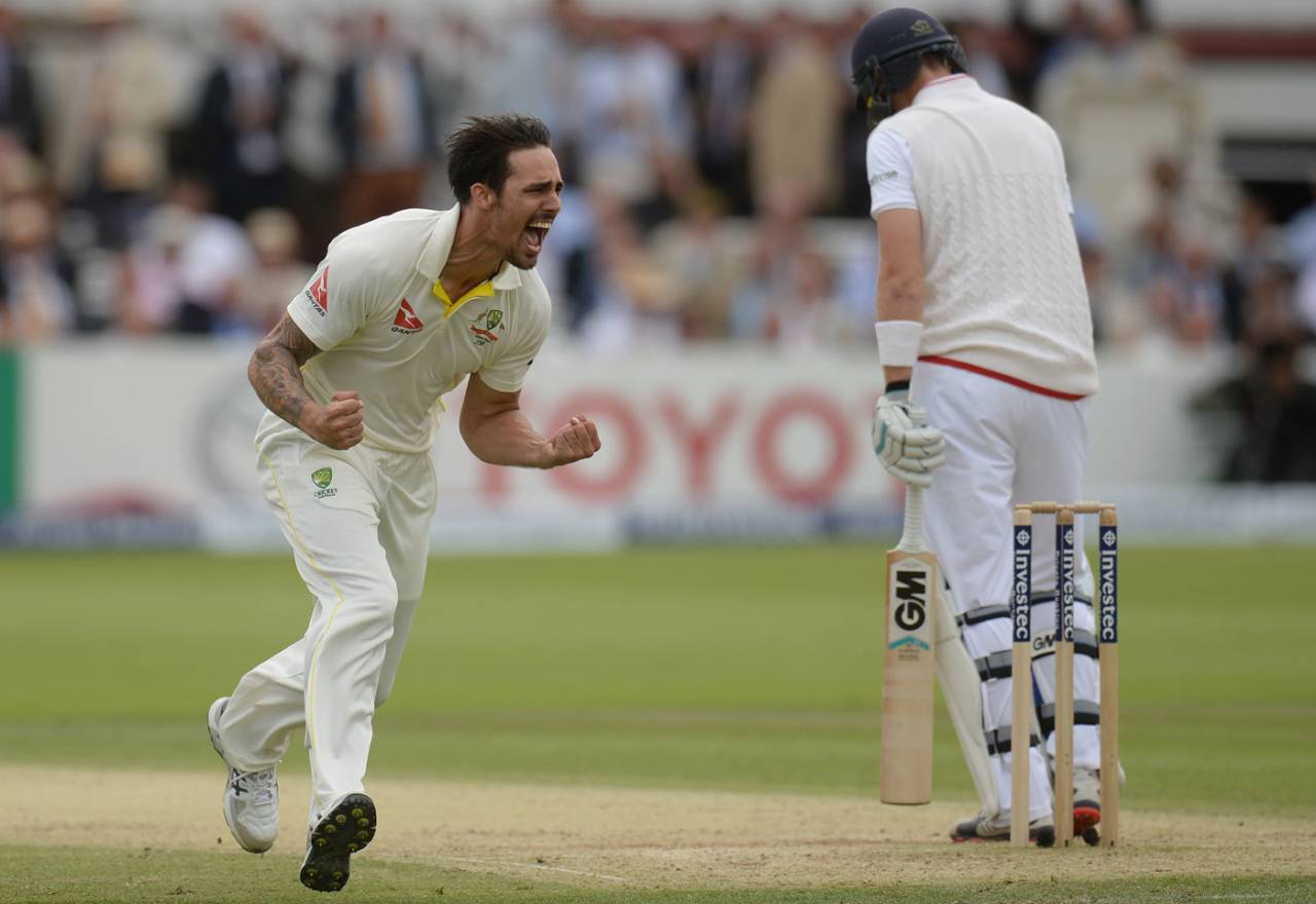 Mitchell Johnson celebrates after trapping Joe Root, England v Australia, 2nd Investec Ashes Test, Lord's, 2nd day, July 17, 2015