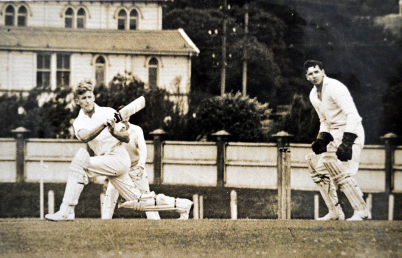 Trevor Barber sweeps during a knock for Wellington against Central Districts at the Basin Reserve in the 1950s