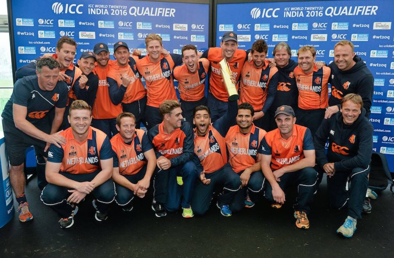 The Netherlands players celebrate after sharing the trophy with Scotland, Netherlands v Scotland, World T20 Qualifier final, Malahide, July 26, 2015
