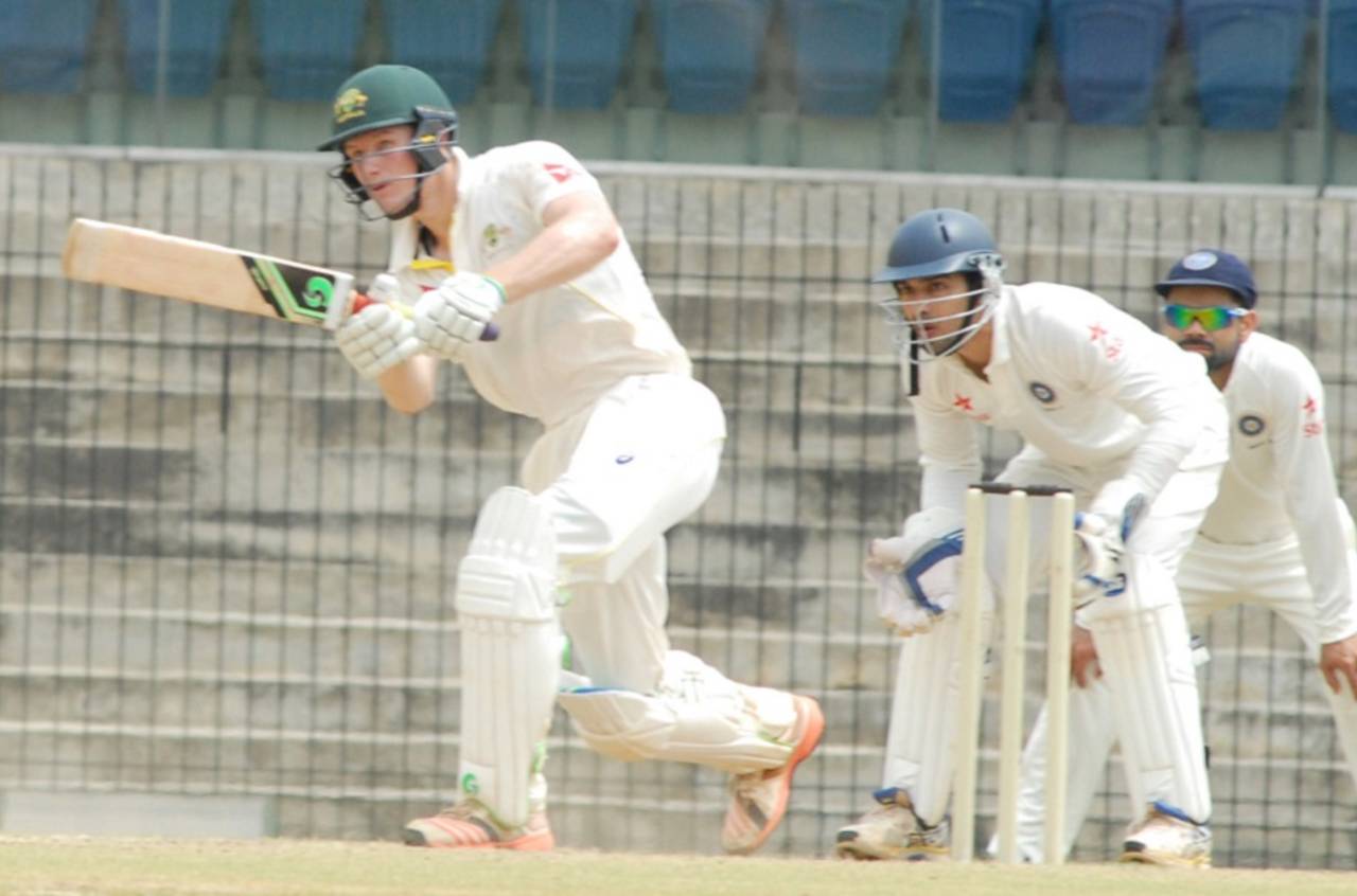 Cameron Bancroft drives the ball through the leg side, India A v Australia A, 2nd unofficial Test, Chennai, 2nd day, July 30, 2015