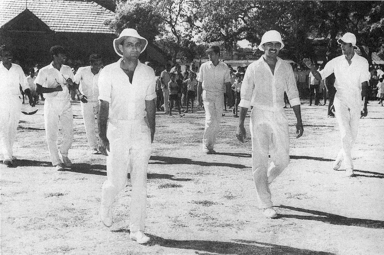 (From left) KVR Murthy, PK Belliappa and K Bharadwaj walk out for a Jolly Rovers match, Madras