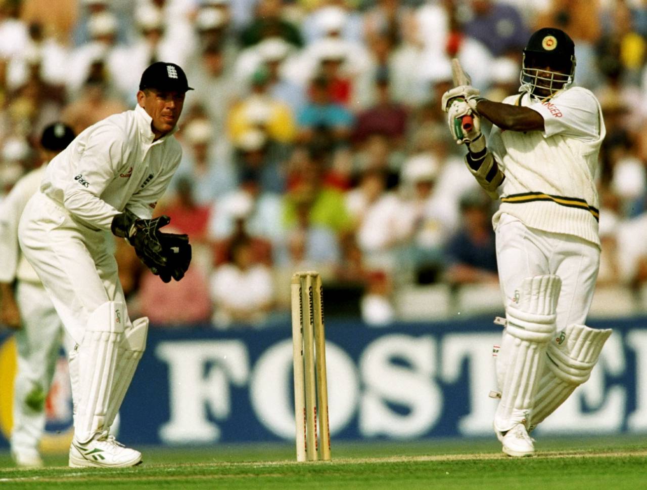 Sanath Jayasuriya gives one the short end of the stick during his match-winning performance at The Oval in 1998&nbsp;&nbsp;&bull;&nbsp;&nbsp;Laurence Griffiths/Getty Images