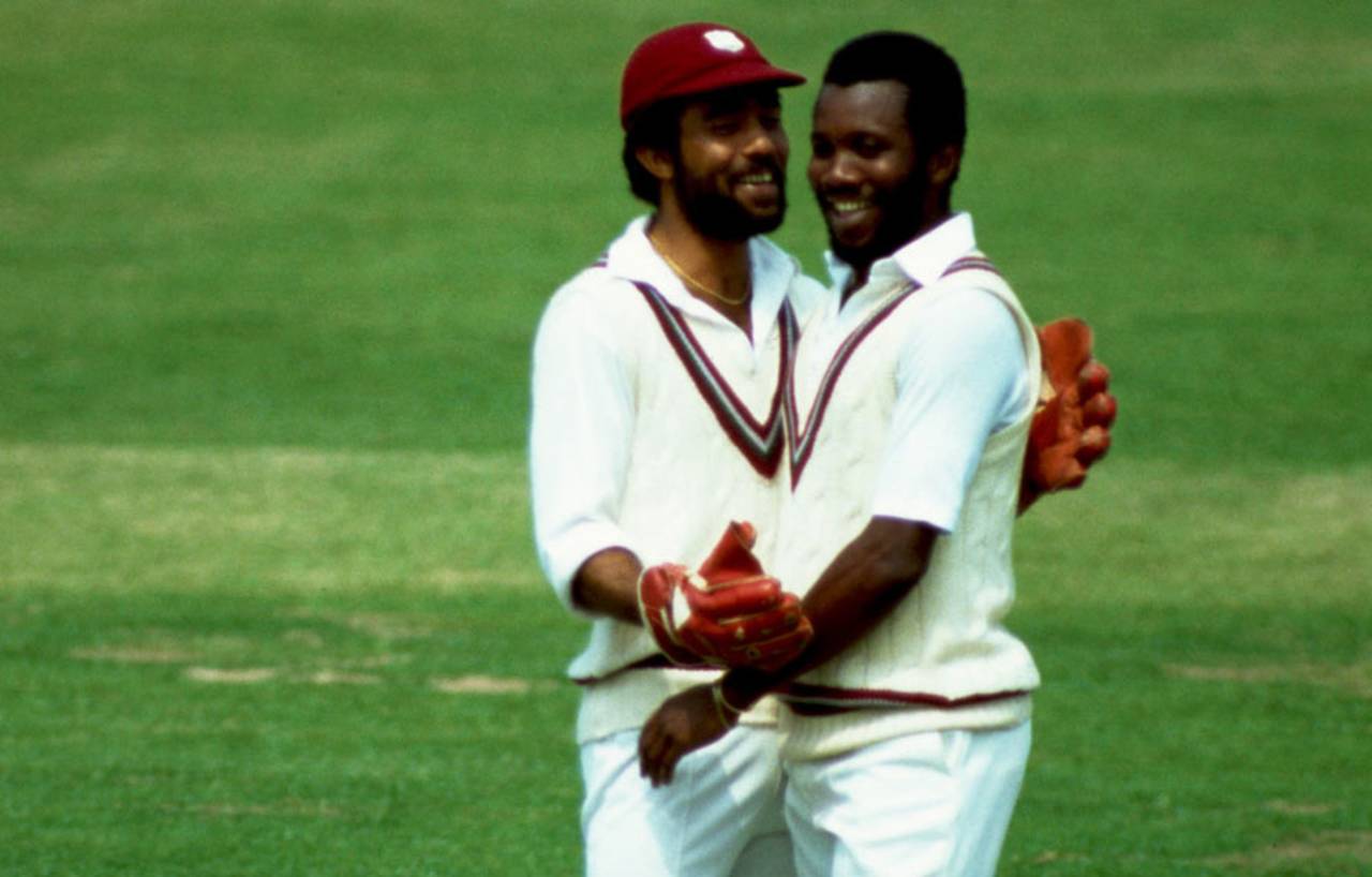 Jeff Dujon and Malcolm Marshall celebrate a wicket during the 1983 World Cup, June 1983