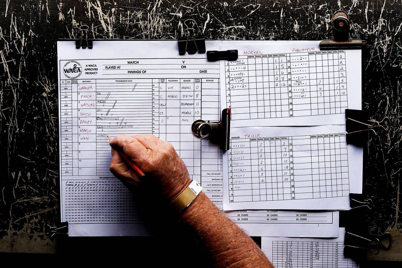 A scorer makes note of the proceedings, Australia v South Africa, 2nd ODI, Perth, November 16, 2014