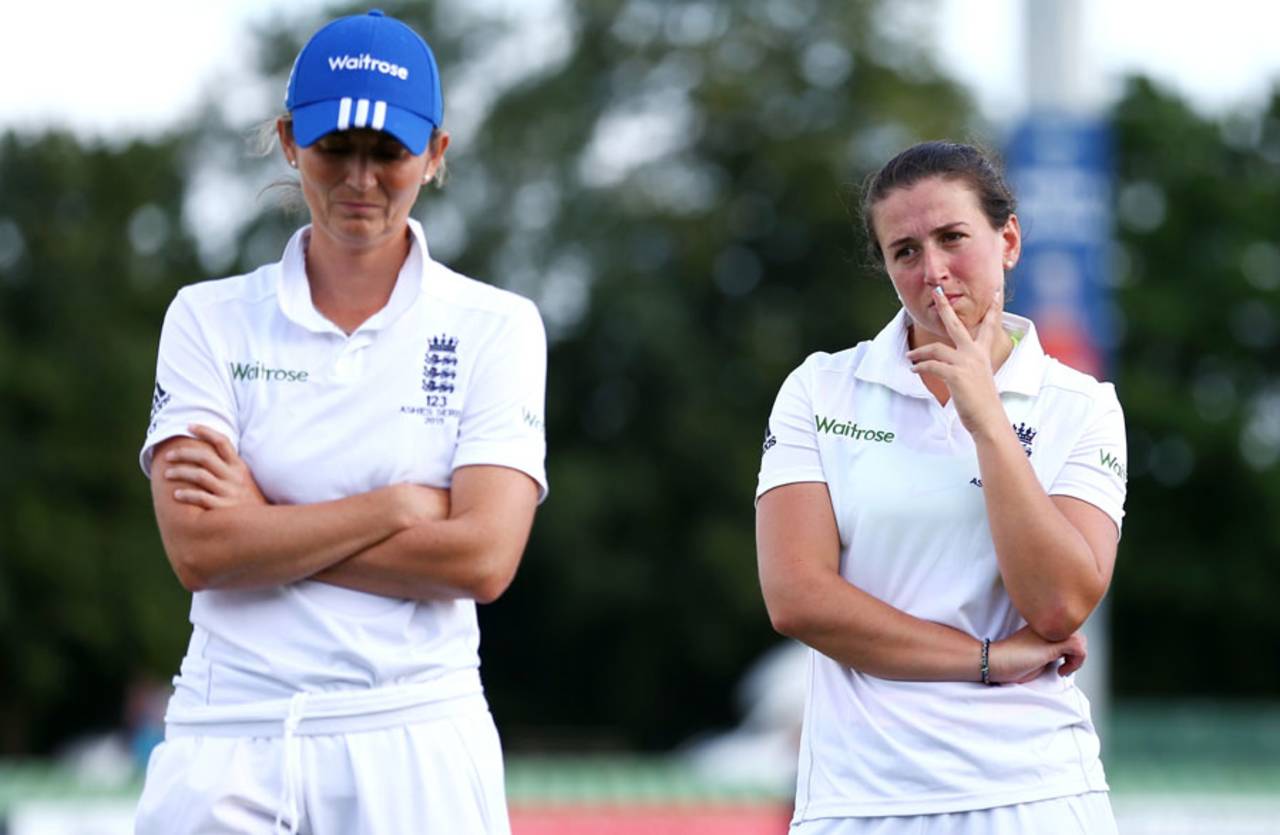 Charlotte Edwards and Georgia Elwiss contemplate defeat, England v Australia , Women's Ashes Test, Canterbury, 4th day, August 14, 2015