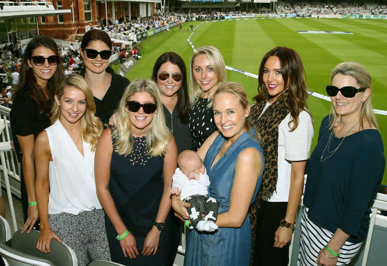Australian players' partners pose for a photo. (Back row, left to right): Isabelle Platt, Jessica Johnson, Melissa Waring, Dani Willis, Kyly Clarke and Kristy Voges. (Front row) Bec O'Donovan, Sam Nelson and Cherie Harris with son Carter, England v Australia, 2nd Investec Ashes Test, Lord's, 1st day, July 16, 2015