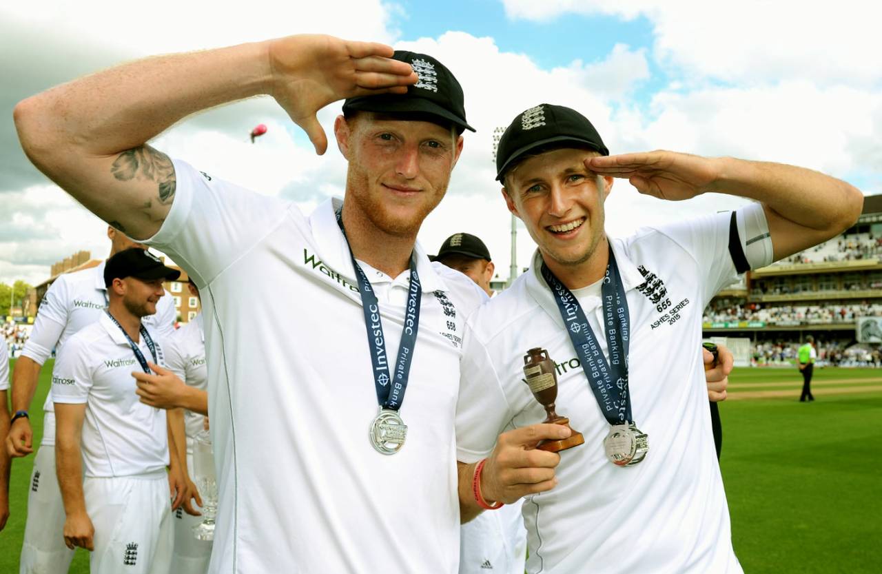 Ben Stokes and Joe Root enjoy the winning feeling, England v Australia, 5th Investec Ashes Test, The Oval, 4th day, August 23, 2015