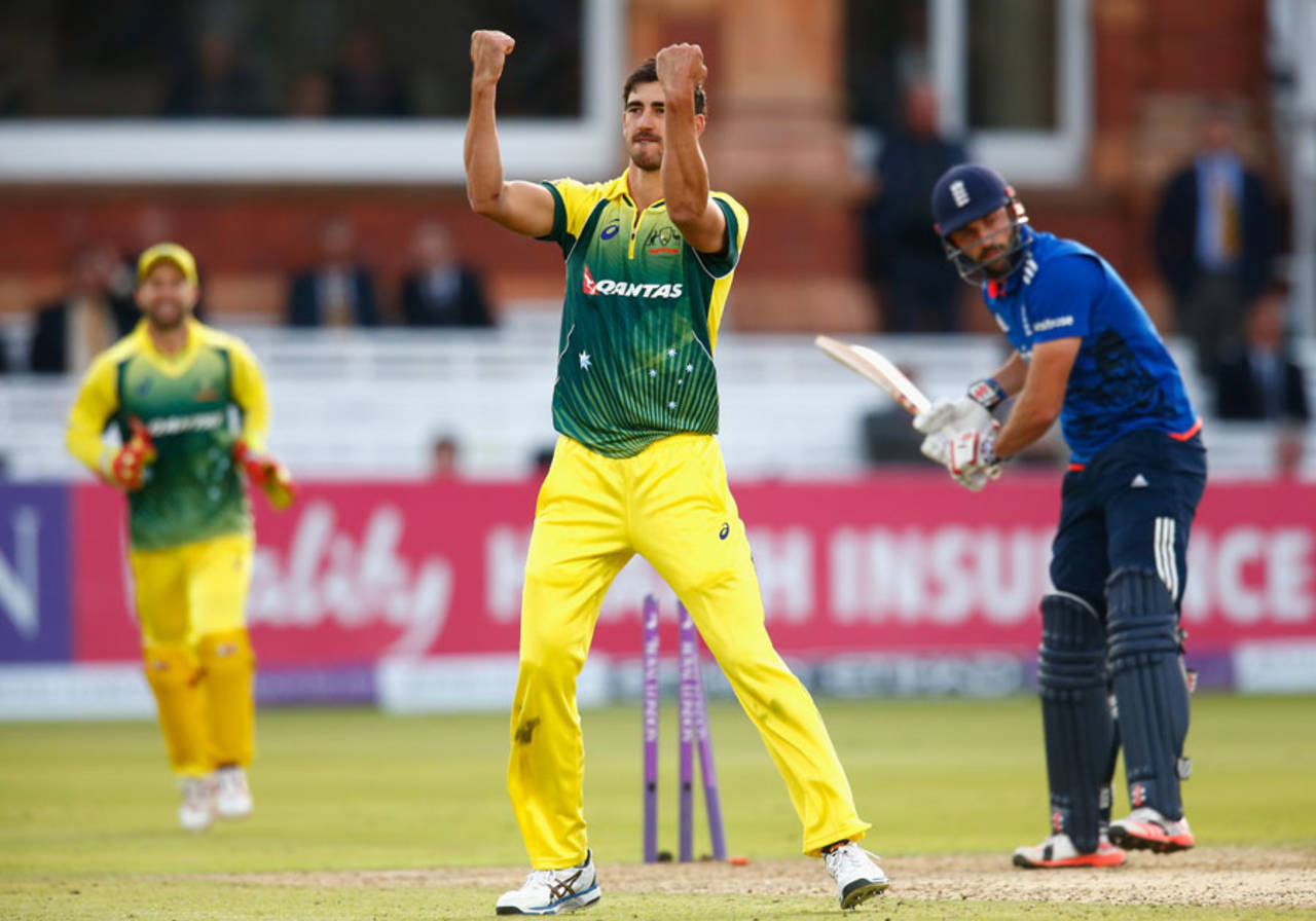 Mitchell Starc celebrates after taking the wicket of Liam Plunkett, England v Australia, 2nd ODI, Lord's, September 5, 2015