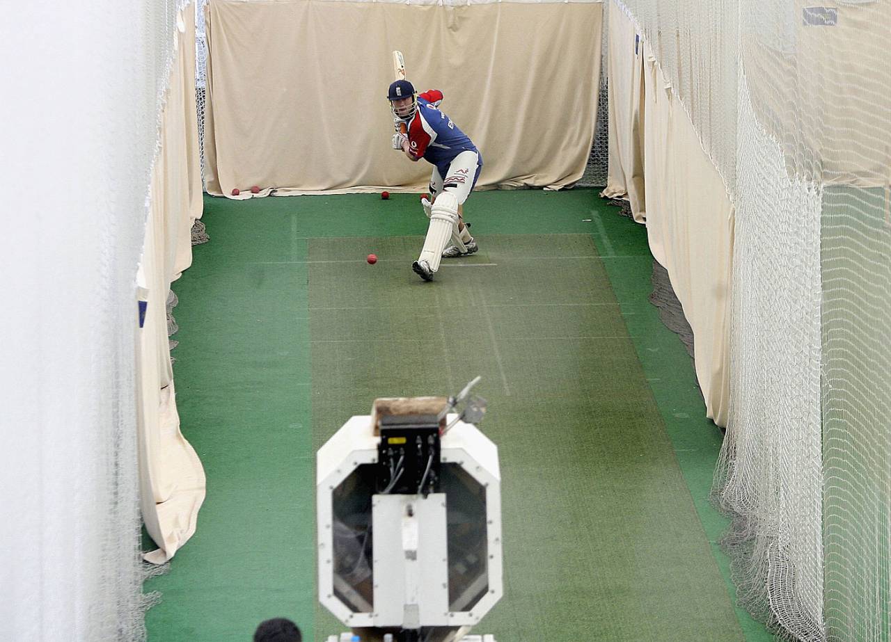 Andrew Flintoff faces a bowling machine in the indoor nets, Edgbaston, May 24, 2006