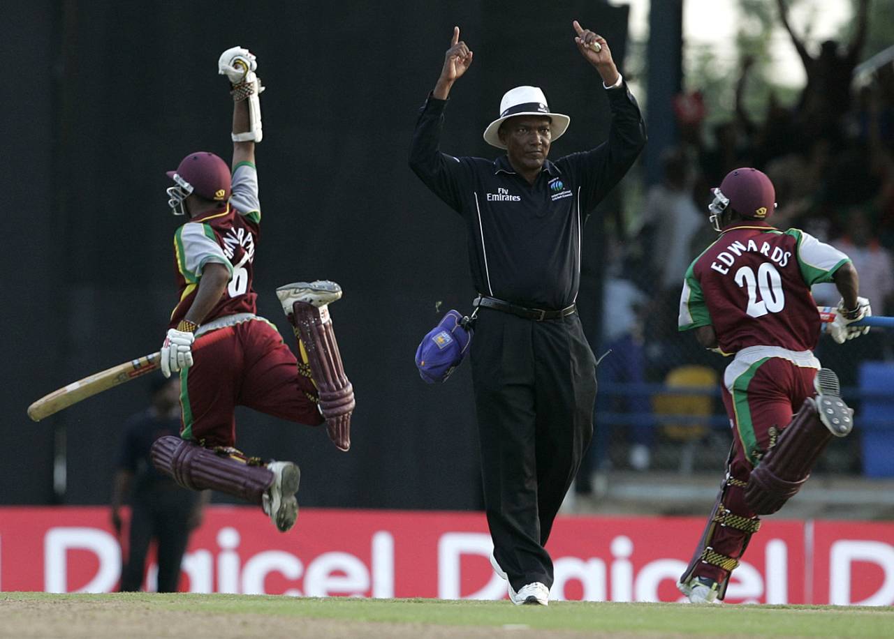 Shivnarine Chanderpaul leaps in celebration after his match-winning six, West Indies v Sri Lanka, 1st ODI, Trinidad, April 10, 2008